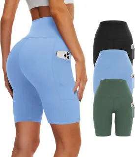 3 Pack Biker Yoga Shorts with Pockets for Women, High Waist Tummy Control Workout Running Gym