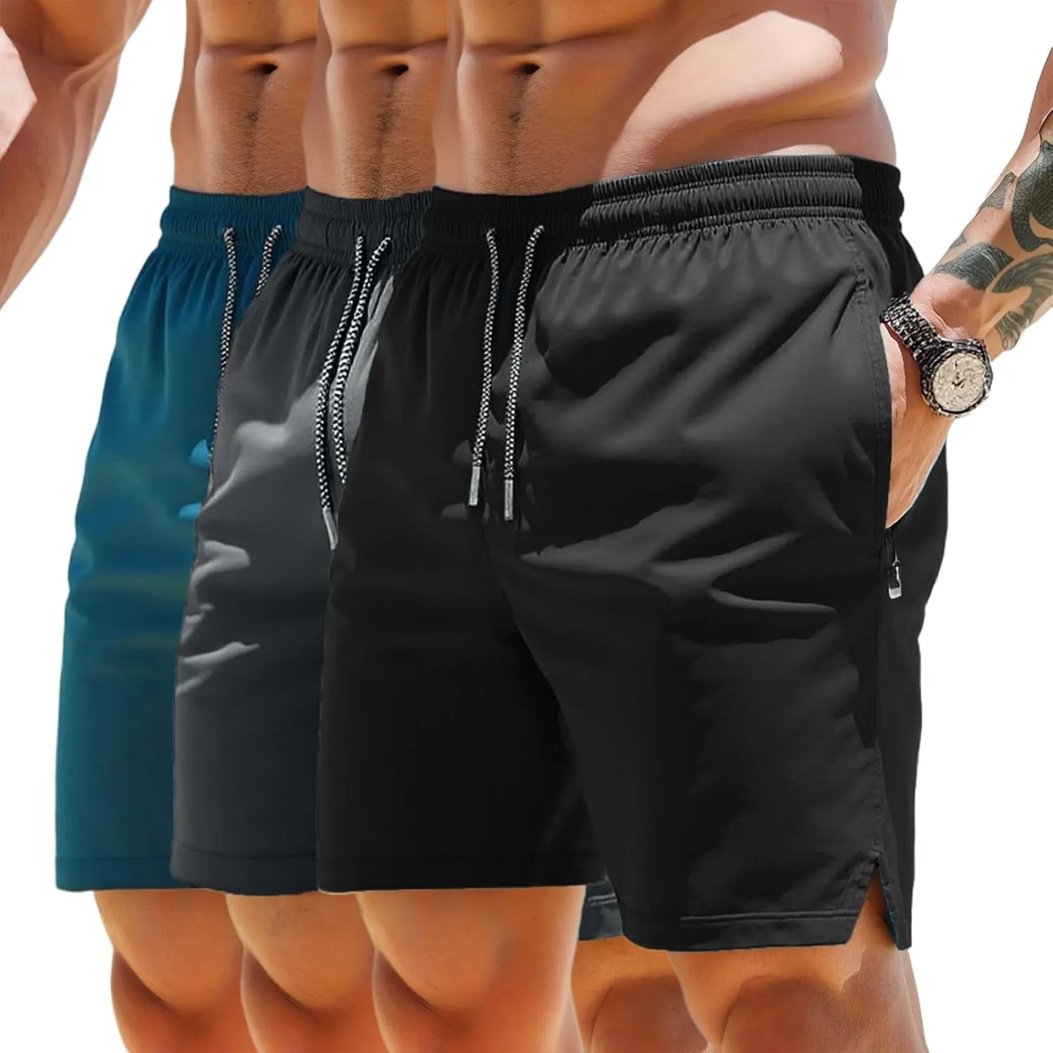 3 Set Men's Workout Athletic Shorts Lightweight Moisture Wicking 3" Running Shorts with Zipper Pockets Gym Beach