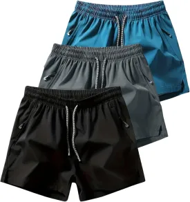 3 Set Men's Workout Athletic Shorts Lightweight Moisture Wicking 3" Running Shorts with Zipper Pockets Gym Beach