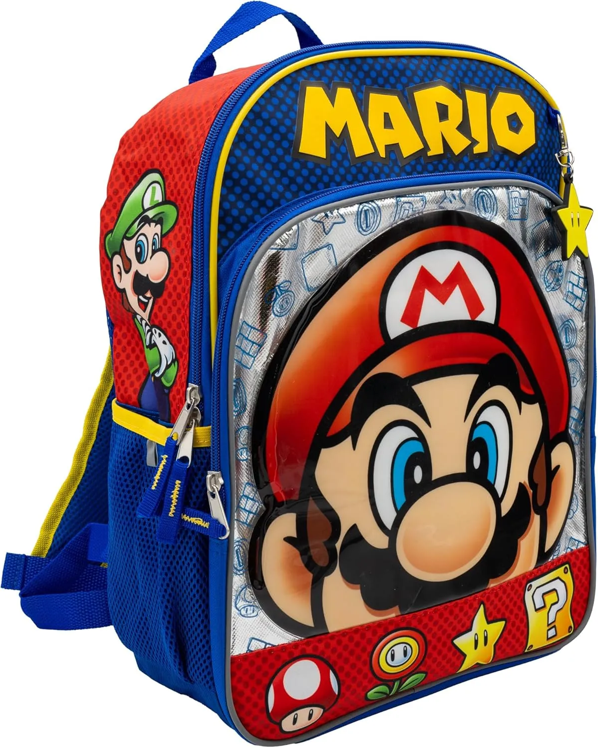 AI ACCESSORY INNOVATIONS Super Mario Brothers Backpack, 16?? Nintendo School Bag Featuring a Big Face Mario, Blue & Red
