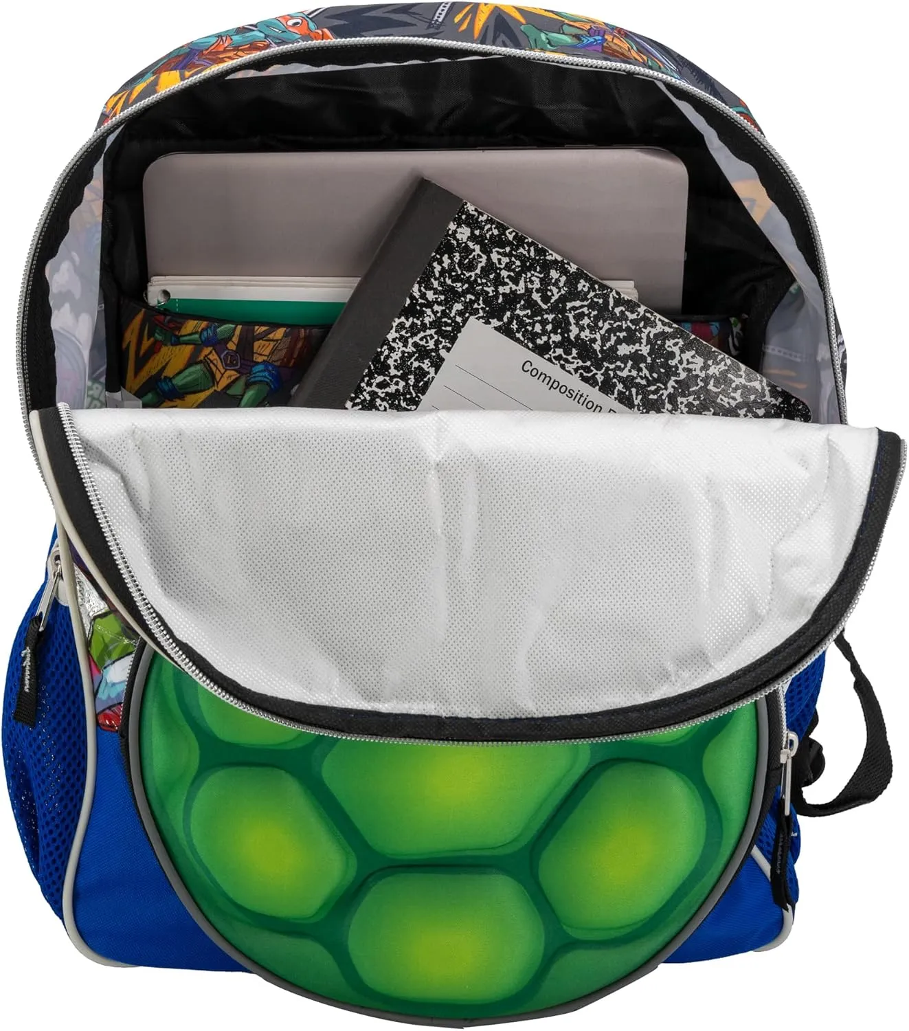 AI ACCESSORY INNOVATIONS Teenage Mutant Ninja Turtles Backpack, 16?? TMNT School Bag Featuring a 3D EVA molded Turtle Shell Front Pocket, Blue & Green