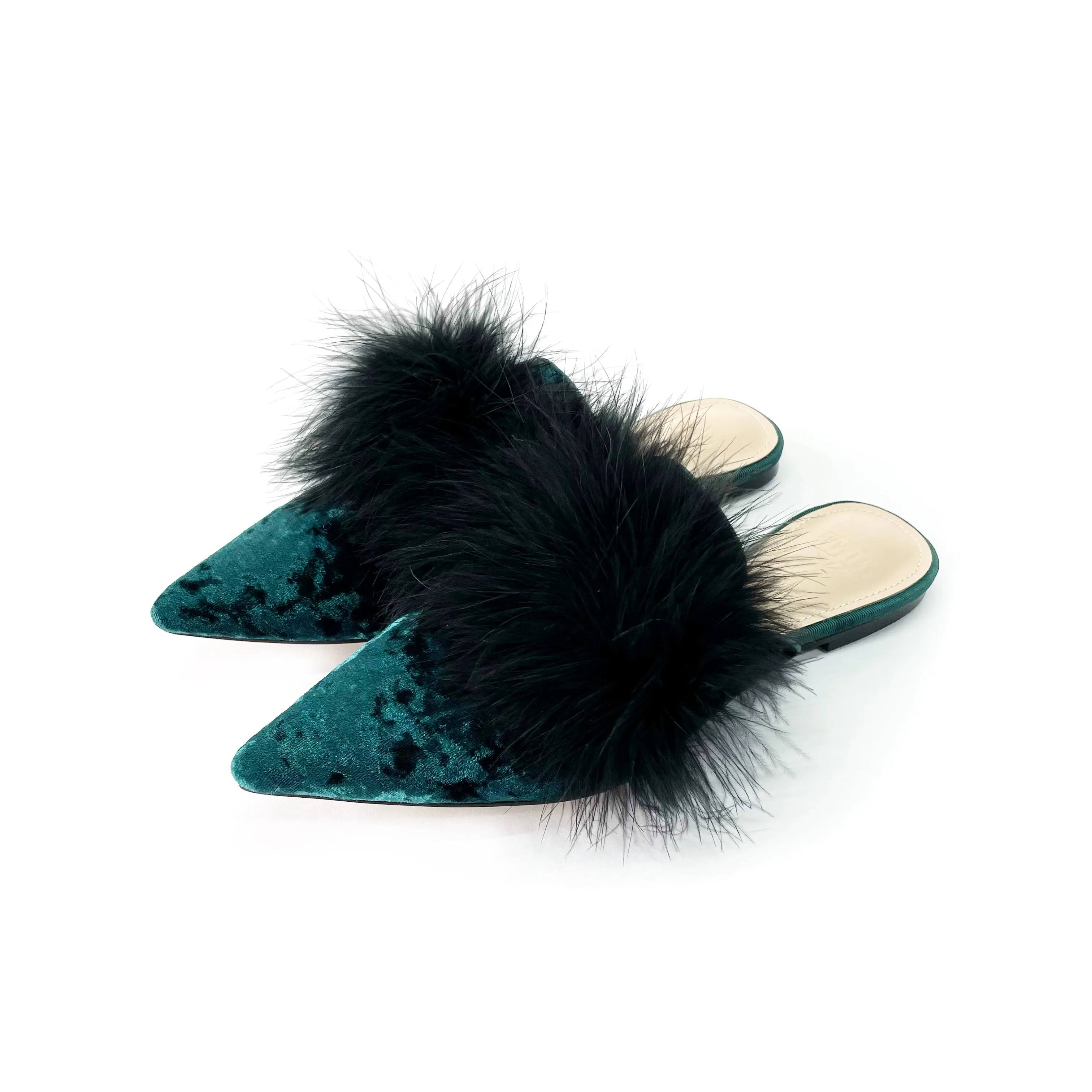 B-FEI elegant French velvet flat feather mules - Gabu