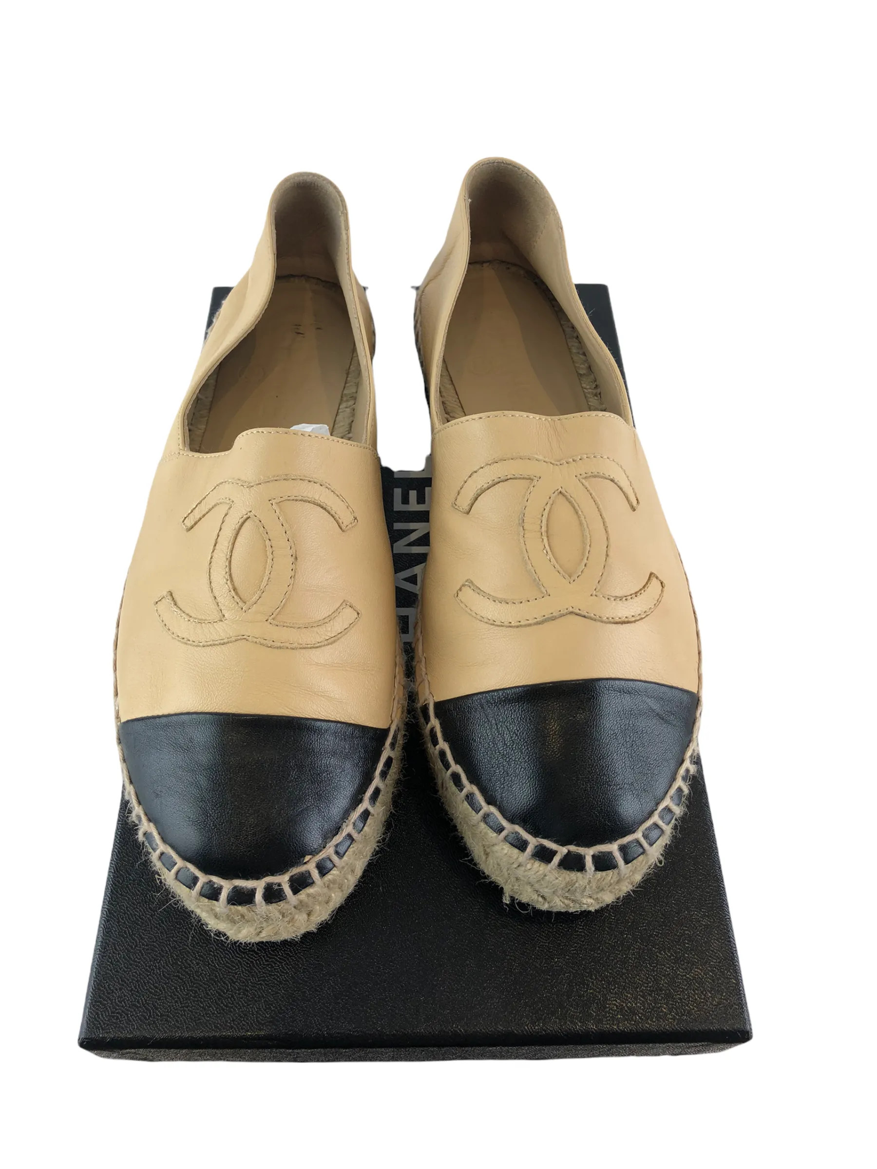 Chanel ‘CC’ Cream & Black Lambskin Espadrilles