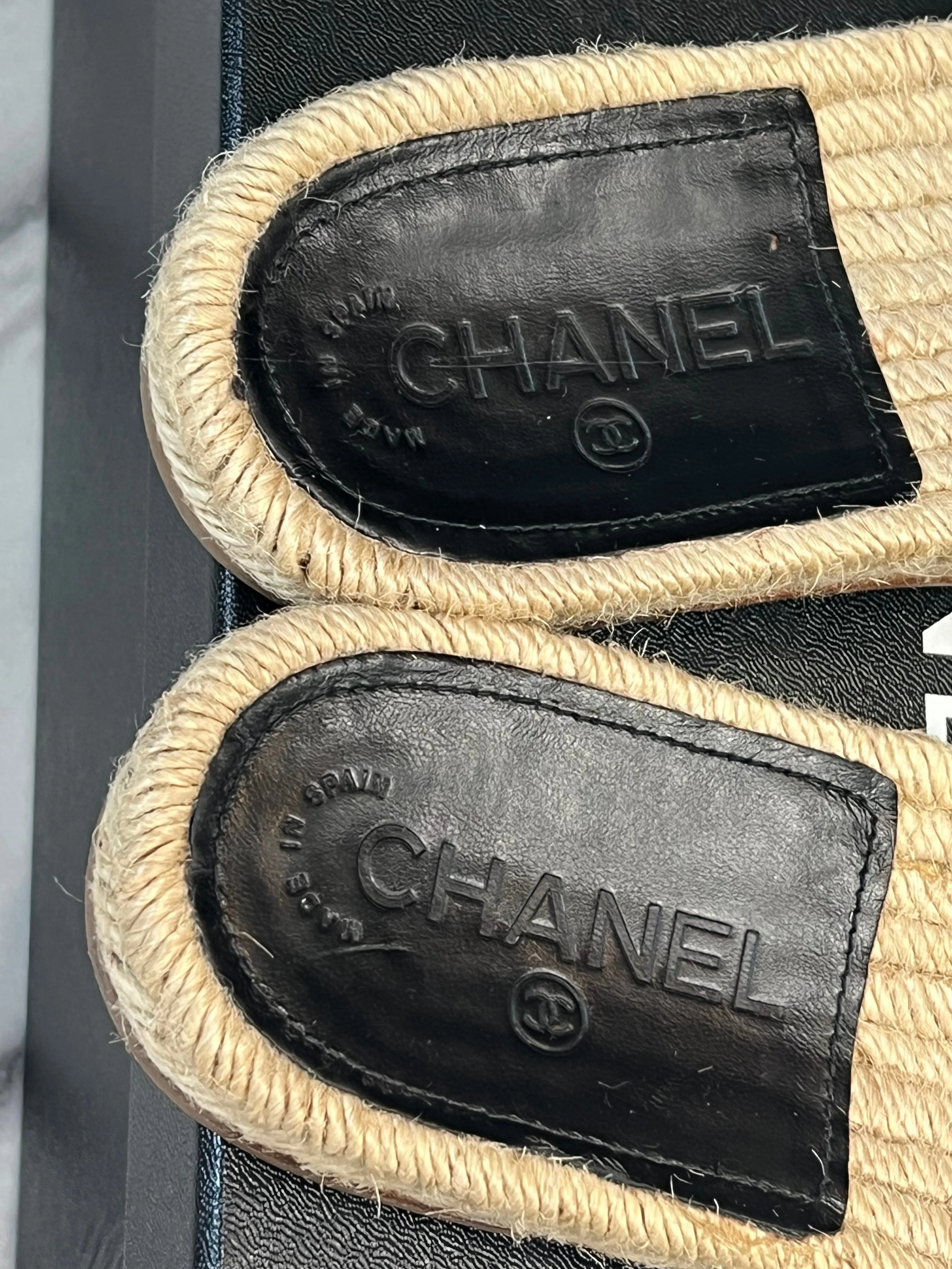 CHANEL CC LEATHER JEWELED ESPADRILLES MULES