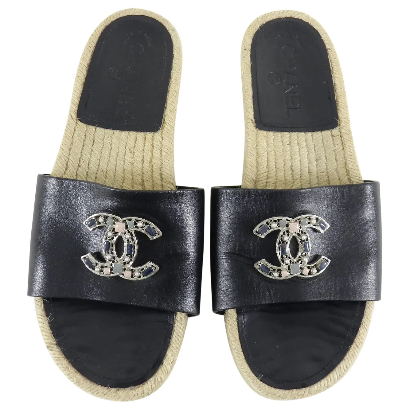 CHANEL CC LEATHER JEWELED ESPADRILLES MULES