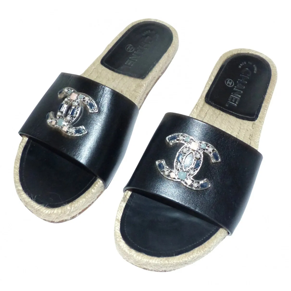 CHANEL CC LEATHER JEWELED ESPADRILLES MULES