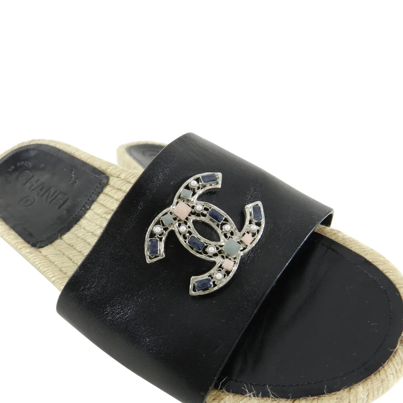 CHANEL CC LEATHER JEWELED ESPADRILLES MULES