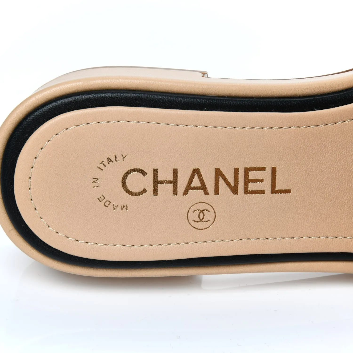 CHANEL LAMBSKIN EMBROIDERED LOGO MULES