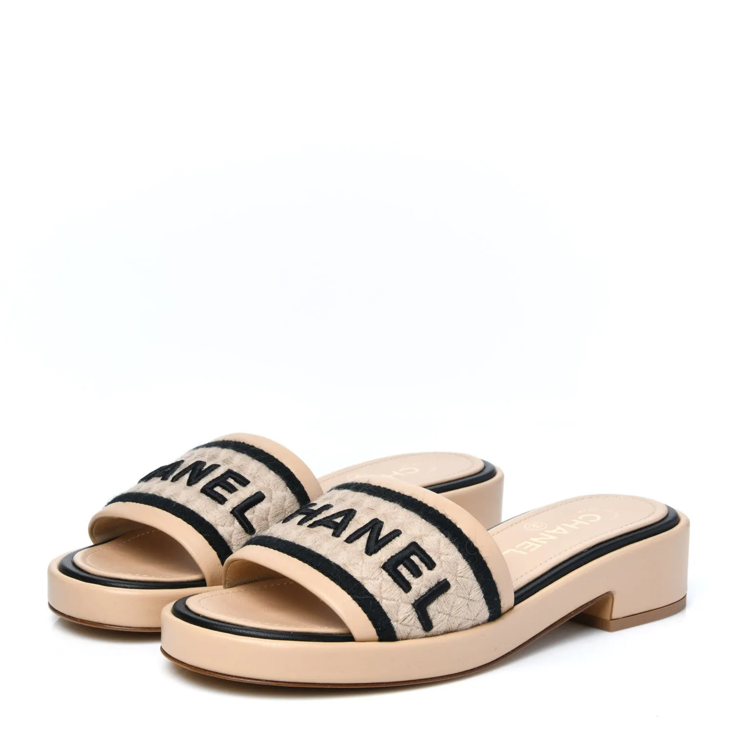 CHANEL LAMBSKIN EMBROIDERED LOGO MULES