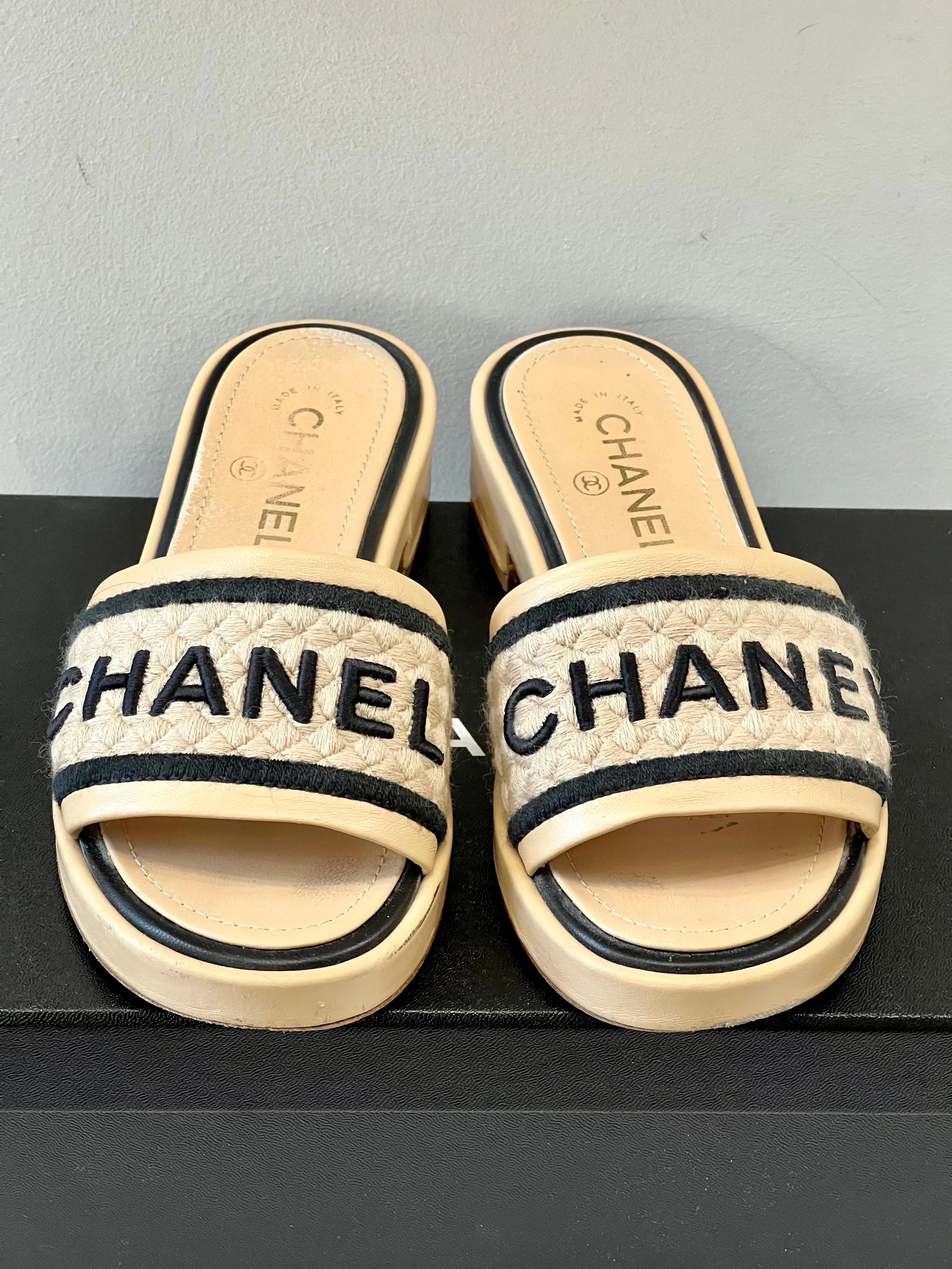 CHANEL LAMBSKIN EMBROIDERED LOGO MULES