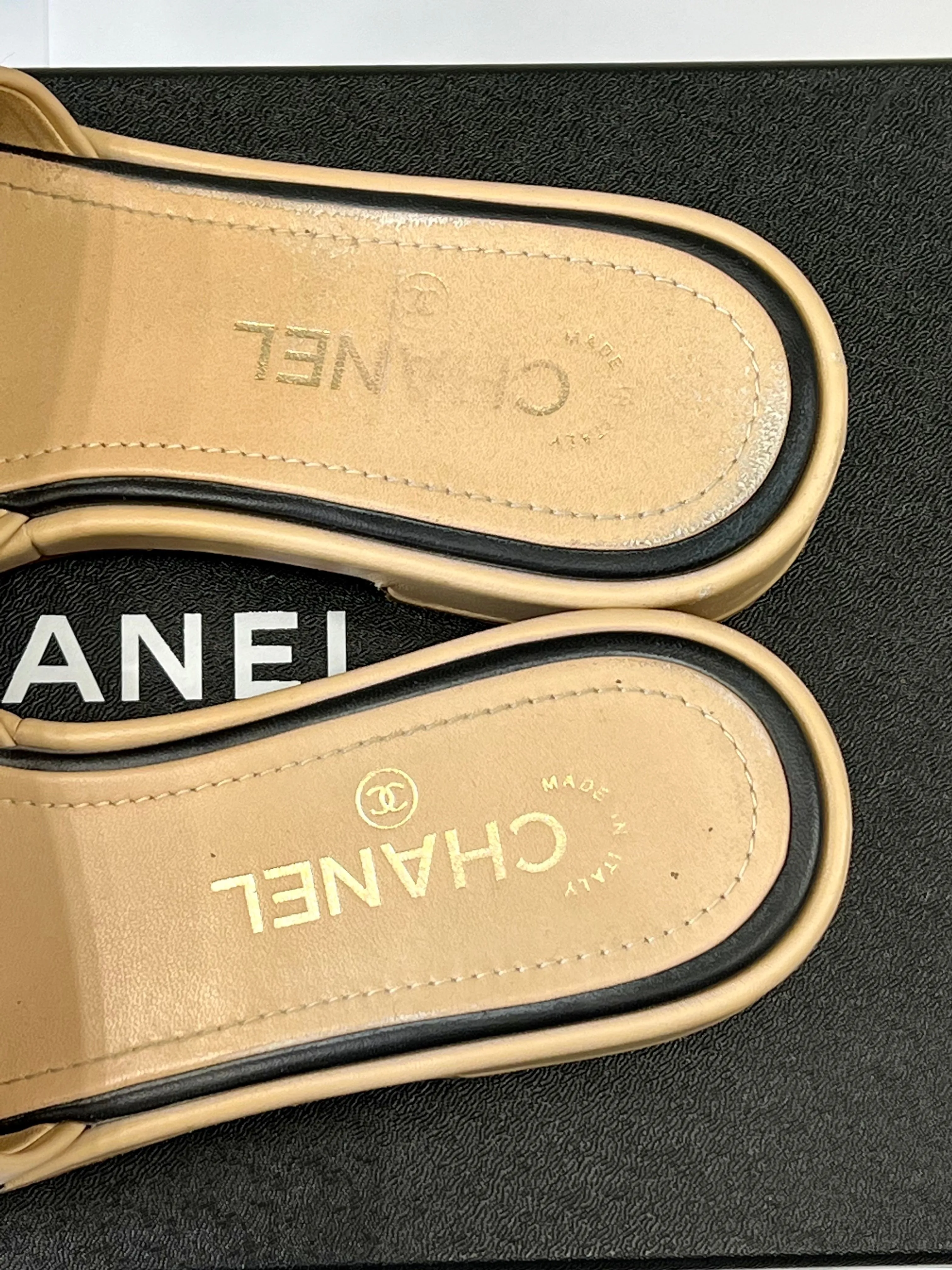 CHANEL LAMBSKIN EMBROIDERED LOGO MULES