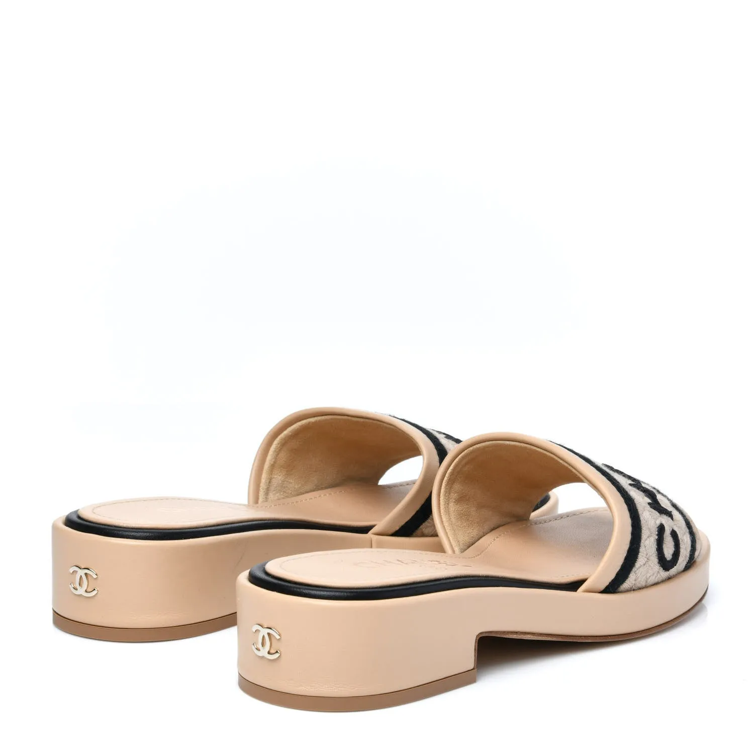 CHANEL LAMBSKIN EMBROIDERED LOGO MULES