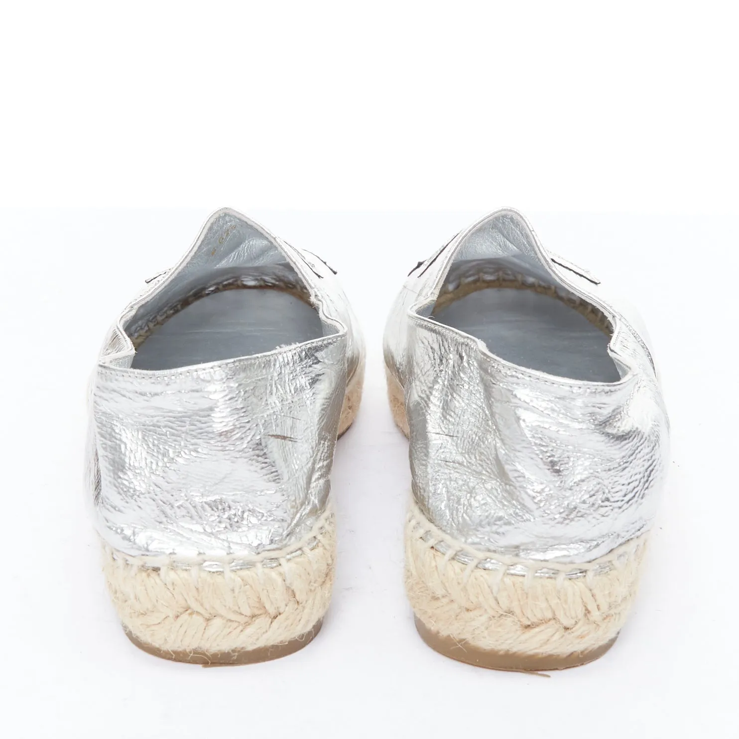CHANEL metallic silver laminated goatskin CC logo jute espadrilles EU38