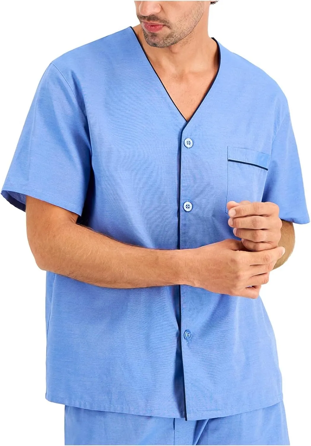 Hanes Mens Pajamas Set, 2 Piece Summer PJs With Short Sleeve Button Down Shirt and Shorts, Soft Cotton Blend