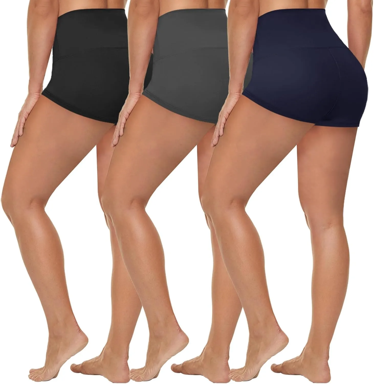 HLTPRO 3 Pack Plus Size Biker Shorts with Pockets for Women (S-4XL)- 8"/5"/3" High Waist Tummy Control Shorts for Yoga