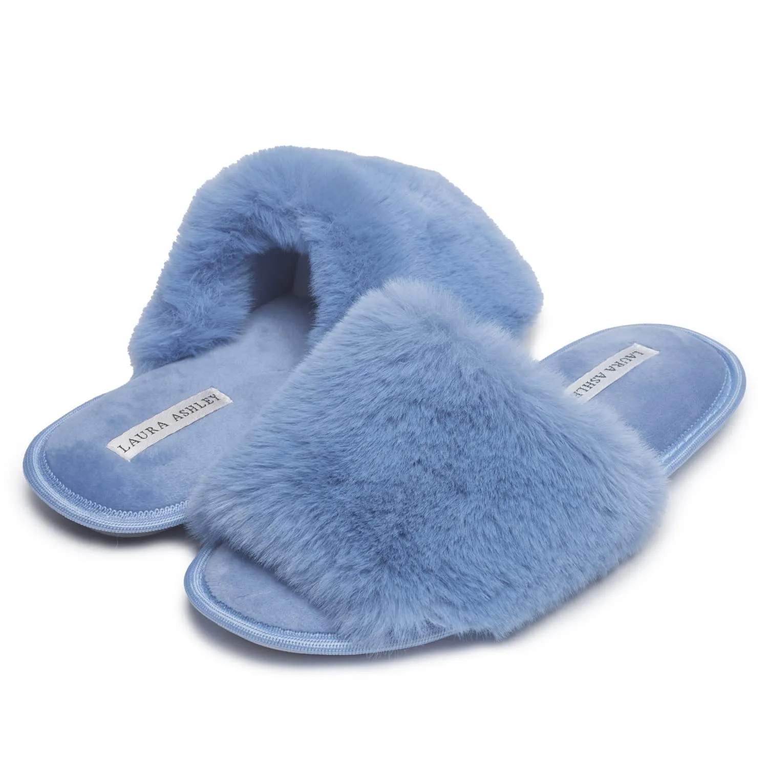 Laura Ashley Womens Soft Plush One Band Memory Foam Slide Slippers, Warm Fuzzy Open Toe Faux Fur Bedroom Slipper Slides