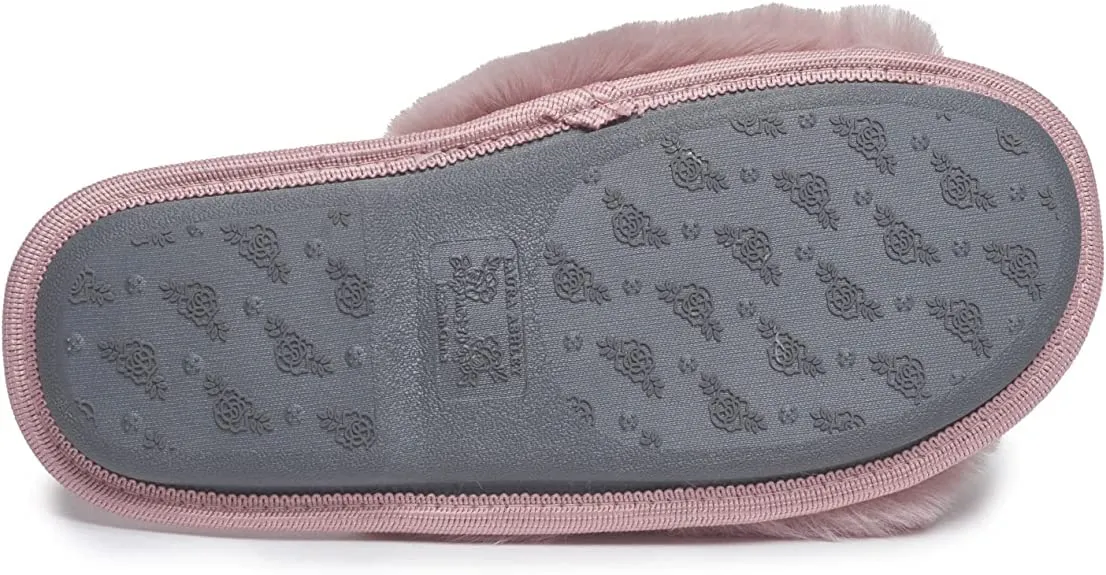 Laura Ashley Womens Soft Plush One Band Memory Foam Slide Slippers, Warm Fuzzy Open Toe Faux Fur Bedroom Slipper Slides