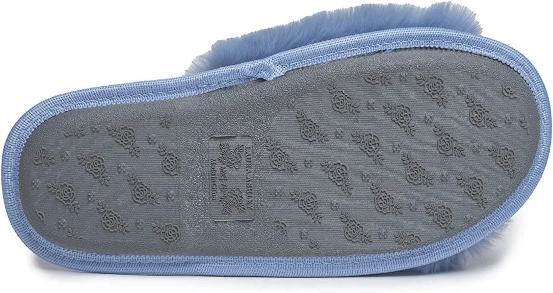 Laura Ashley Womens Soft Plush One Band Memory Foam Slide Slippers, Warm Fuzzy Open Toe Faux Fur Bedroom Slipper Slides