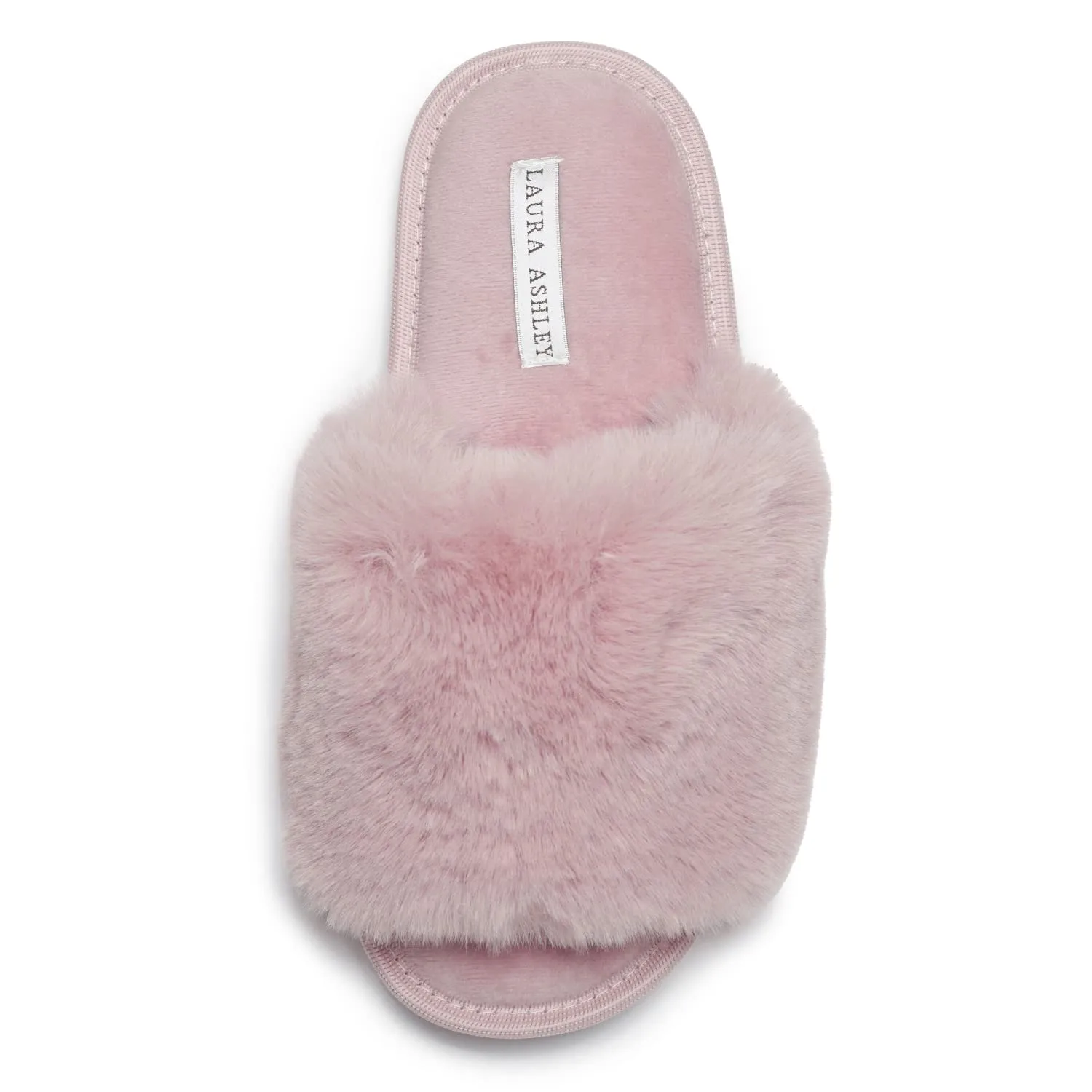 Laura Ashley Womens Soft Plush One Band Memory Foam Slide Slippers, Warm Fuzzy Open Toe Faux Fur Bedroom Slipper Slides