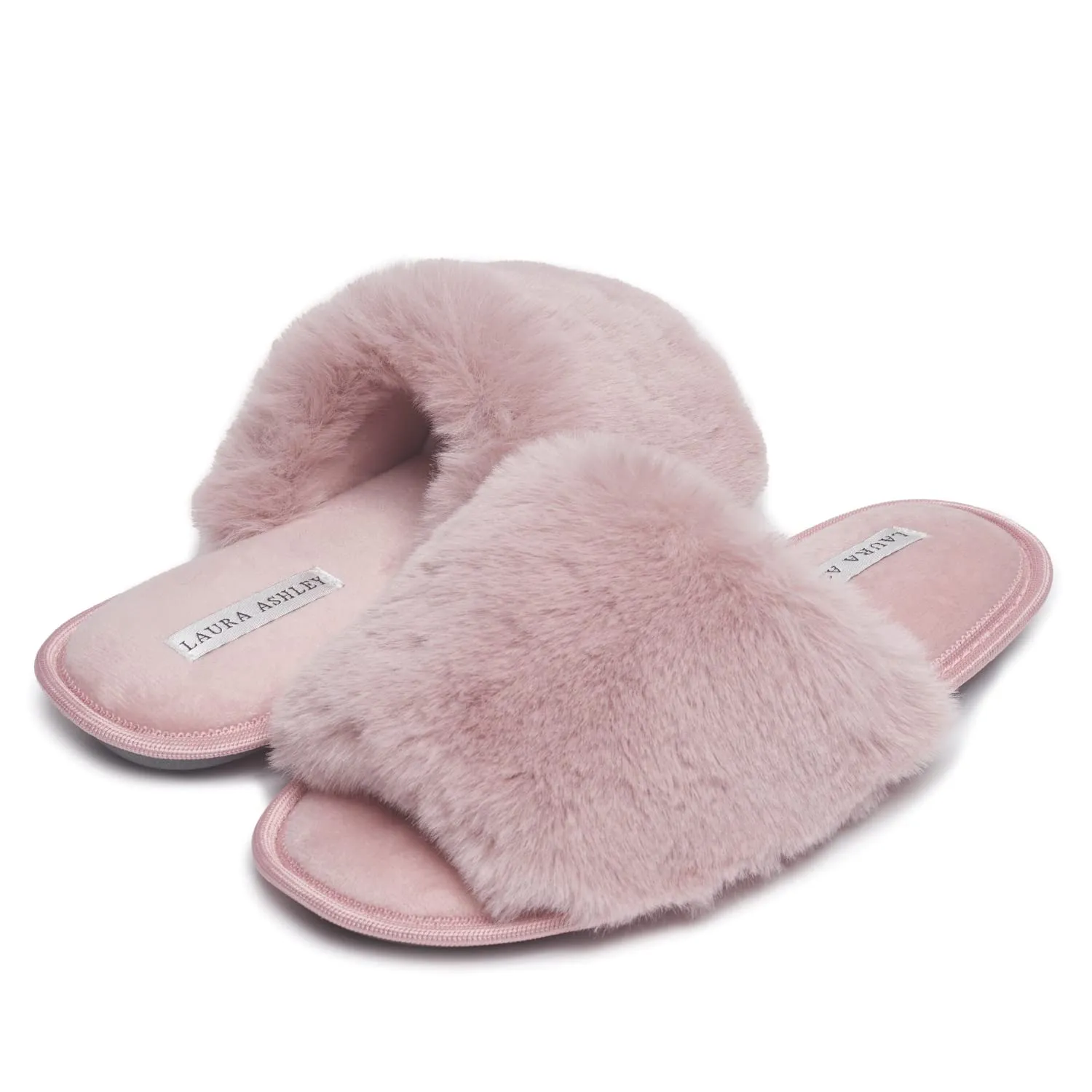 Laura Ashley Womens Soft Plush One Band Memory Foam Slide Slippers, Warm Fuzzy Open Toe Faux Fur Bedroom Slipper Slides