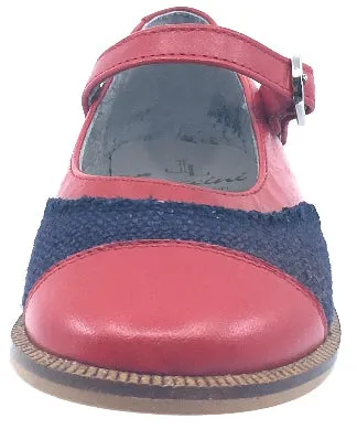 Luccini Girl's Red Smooth Leather and Denim Adjustable Buckle Mary Jane
