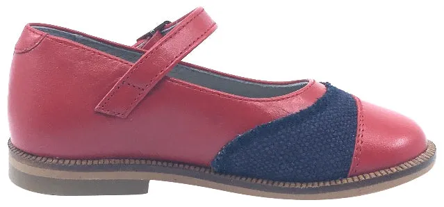 Luccini Girl's Red Smooth Leather and Denim Adjustable Buckle Mary Jane
