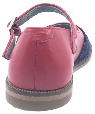 Luccini Girl's Red Smooth Leather and Denim Adjustable Buckle Mary Jane