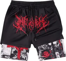 SHENHE Men's Graphic Shorts with Liner Cross Print Drawstring 2 in 1 Goth Gym Track Bottoms