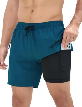 SILKWORLD 7 Inch Mens Swim Trunks with Compression Liner Quick-Dry Bathing Suit with Zipper Pockets