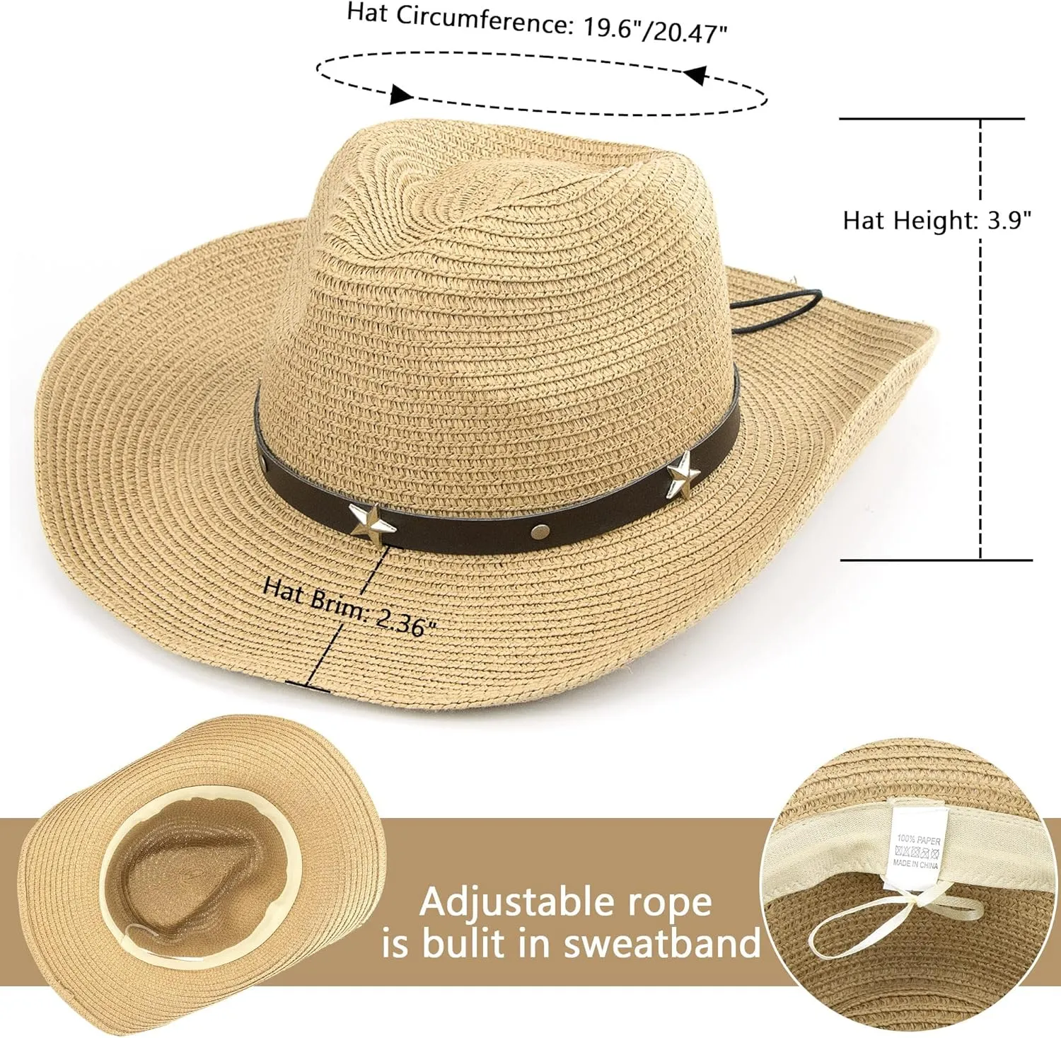 Straw Cowboy Hat for Toddler Girls Boys, Summer Beach Straw Sun Hat Cowgirl Western-Hat for Kid