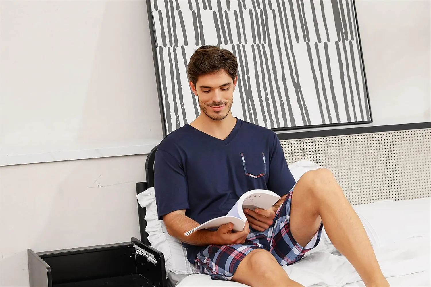 Sykooria Mens Cotton Pajamas Set 2 Piece Soft Sleepwear Short Sleeve Top & Plaid Shorts With Pockets