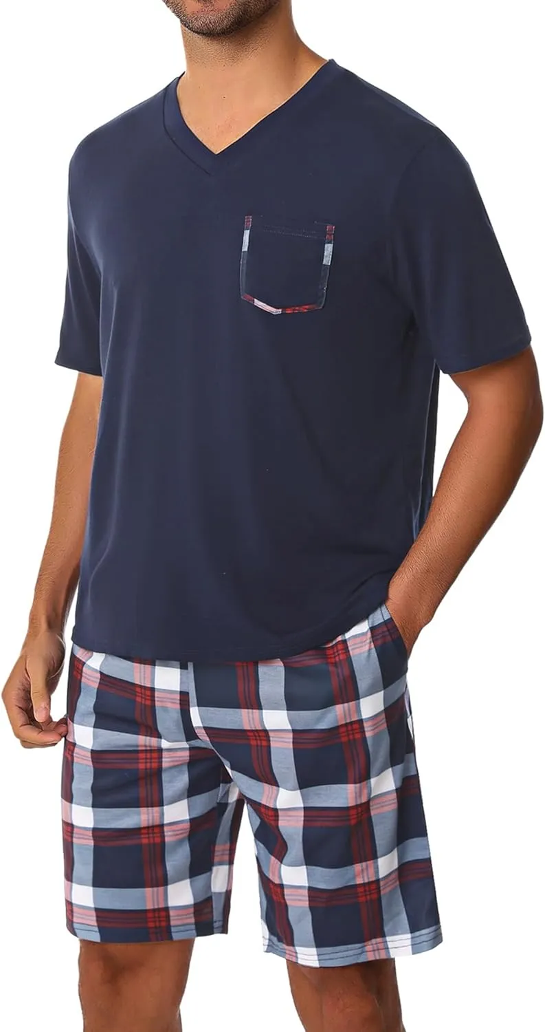 Sykooria Mens Cotton Pajamas Set 2 Piece Soft Sleepwear Short Sleeve Top & Plaid Shorts With Pockets