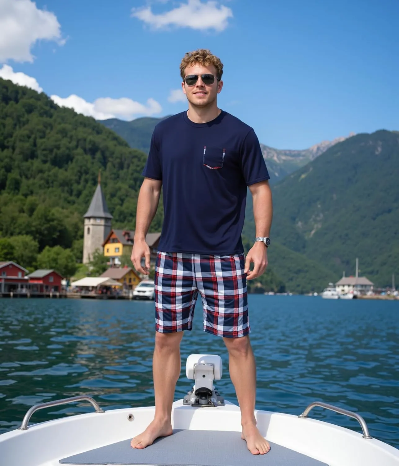 Sykooria Mens Cotton Pajamas Set 2 Piece Soft Sleepwear Short Sleeve Top & Plaid Shorts With Pockets