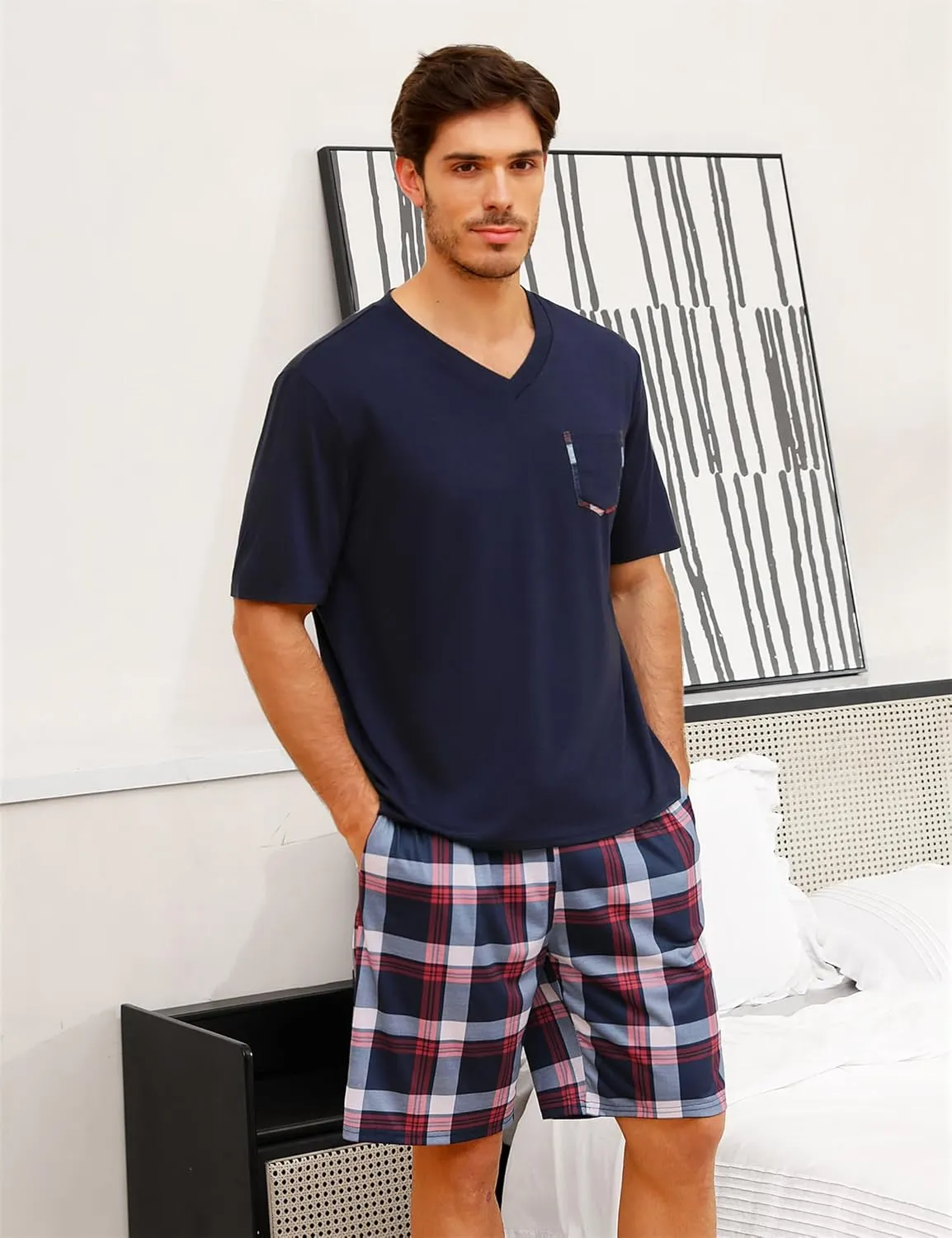 Sykooria Mens Cotton Pajamas Set 2 Piece Soft Sleepwear Short Sleeve Top & Plaid Shorts With Pockets