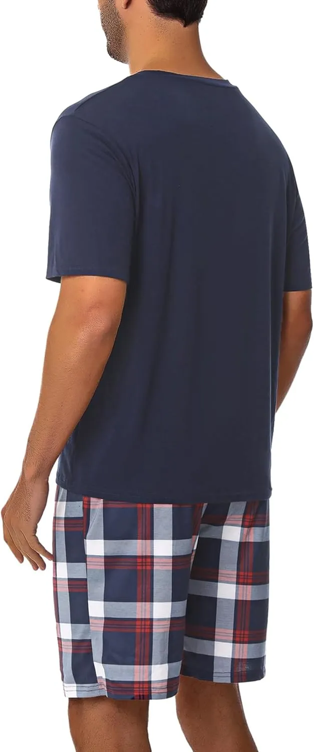 Sykooria Mens Cotton Pajamas Set 2 Piece Soft Sleepwear Short Sleeve Top & Plaid Shorts With Pockets