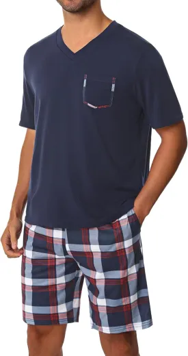 Sykooria Mens Cotton Pajamas Set 2 Piece Soft Sleepwear Short Sleeve Top & Plaid Shorts With Pockets